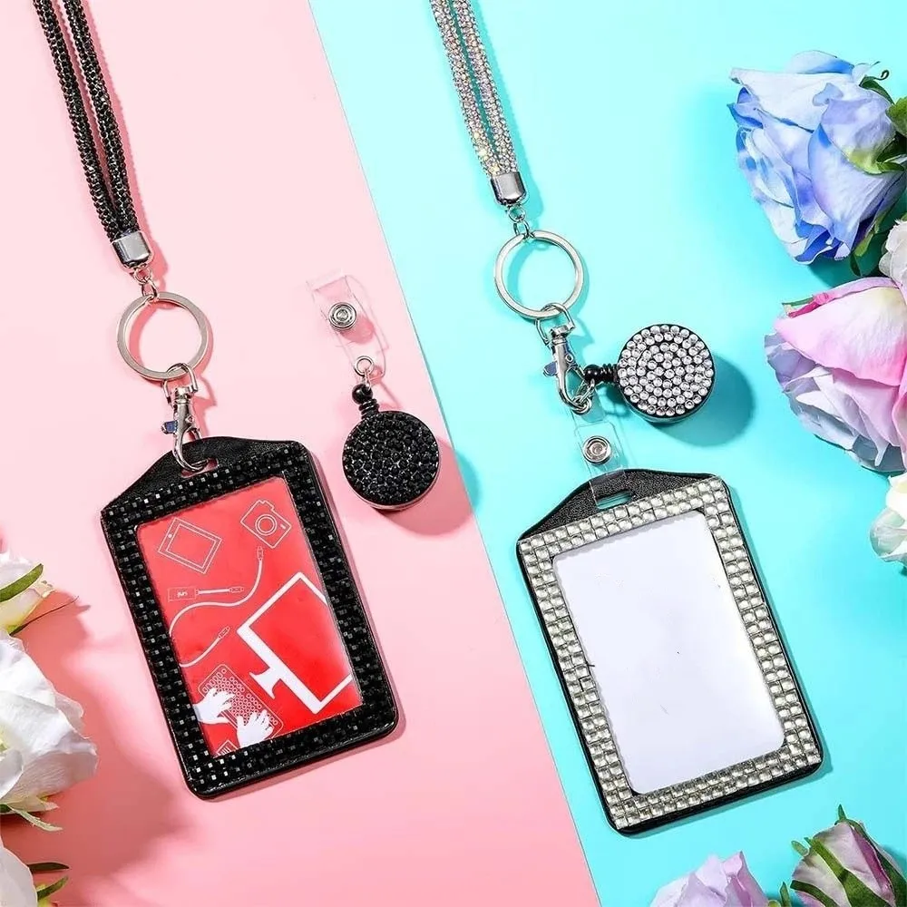 Bling ID Holder with Lanyard Retractable Lanyard Rhinestone Decorated Shiny Finish Badge Reel Durable Adjustable