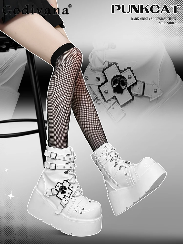 

Y2K Subculture оригинальные короткие сапоги в стиле Лолиты в стиле панк, готические милые крутые женские ботинки на толстой подошве для девочек, увеличивающие рост