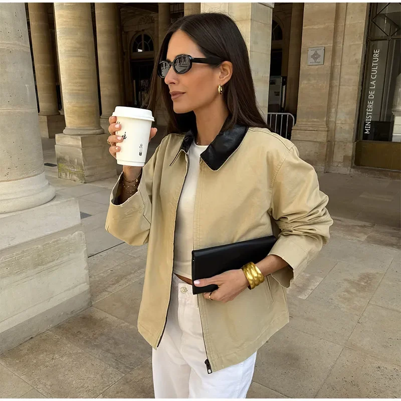 Cross border europeo e americano 2025 Autunno Nuovo prodotto Colletto in pelle PU allentata da donna Splicing Moda casual Top versatile