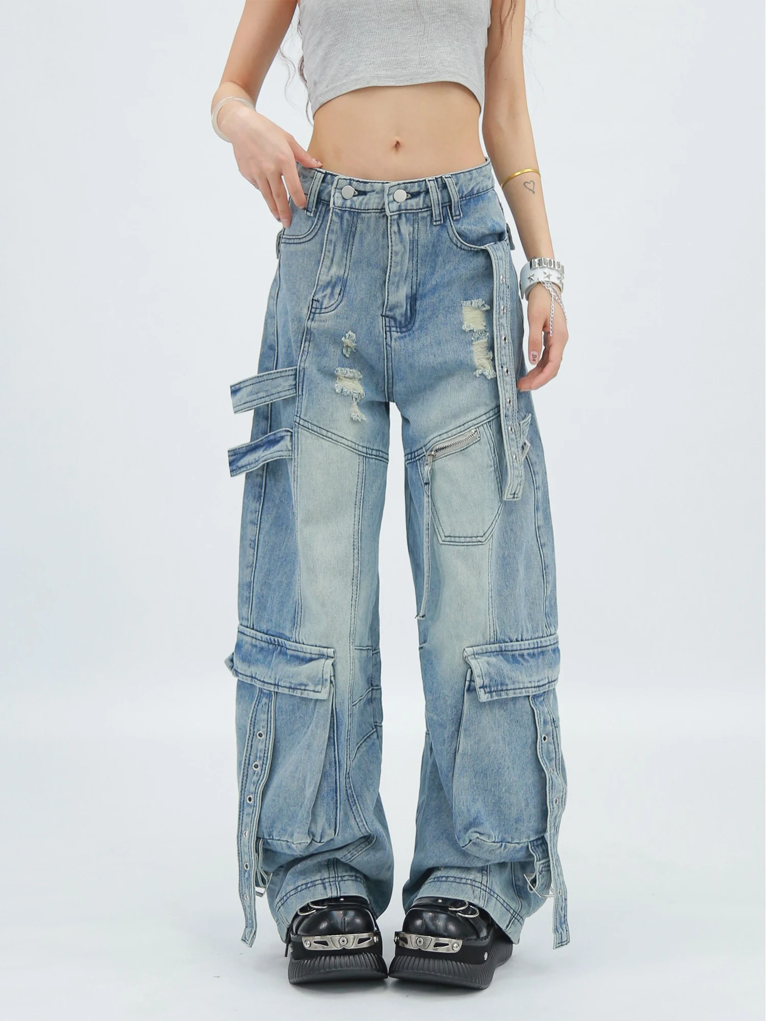 American Retro Double Placket Loose Wide-leg Lace-up Floor-mopping Jeans Summer New Girl Versatile Leisure Age-reducing Trousers