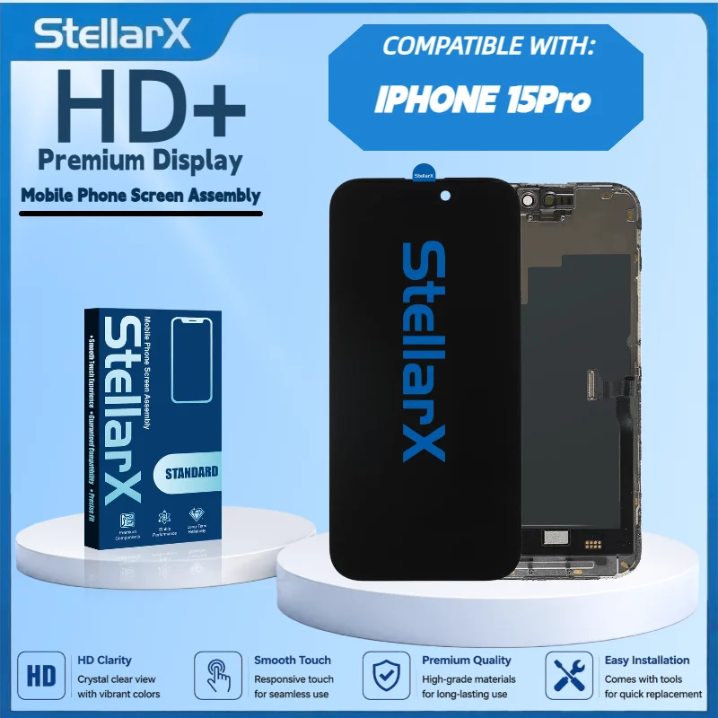 StellarX HD+ High Resolution Display Screen Replacement for iPhone15 Pro Full Display Assembly Repair Parts with free tools