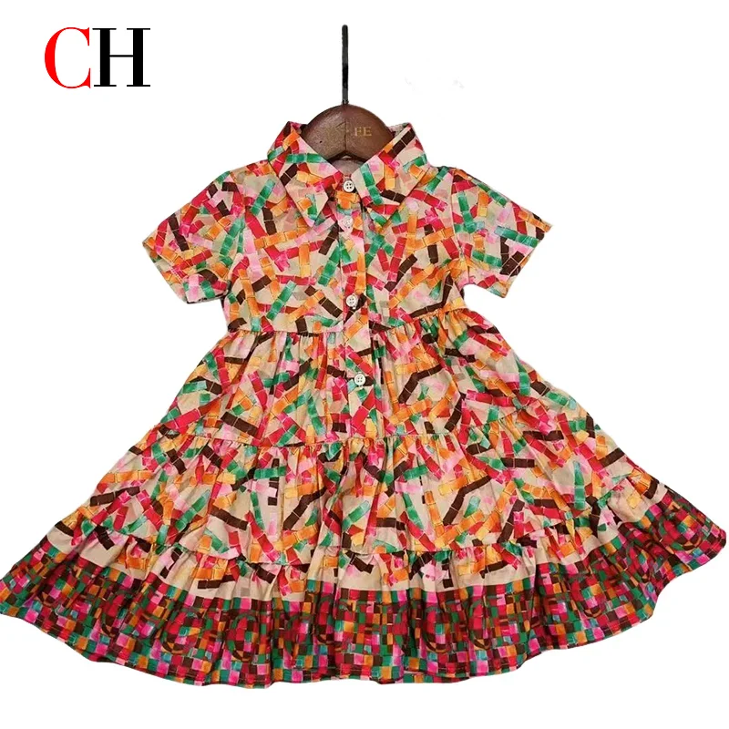 

CH Повседневное многоцветное дизайнерское детское платье из хлопкового материала с цветочным принтом, новинка 2025, высококачественная юбка в подарок для девочек