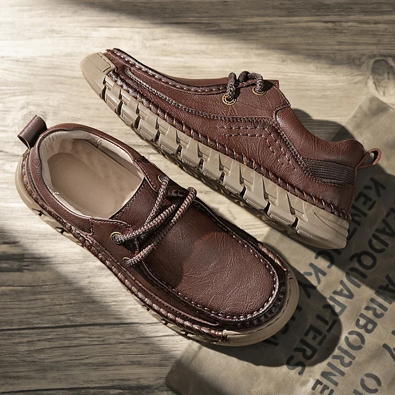 Breathable Leather Loafers Men's Summer Shoes Comfty Driving Thick Sole Shoes Casual Sneakers  Hand-stitching Their Flat