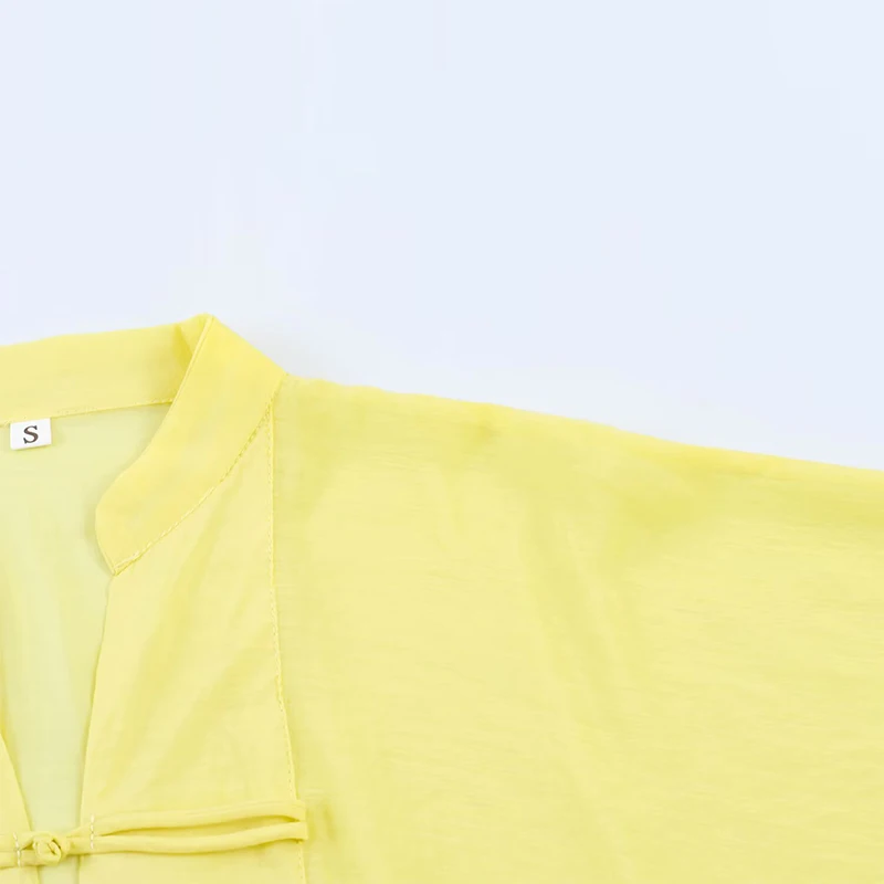 Elegant Chinese Style Frog Button Blouse Sheer Wide Sleeve Loose Fit 2026 Summer Office Casual Chic Breathable Wear Women Top