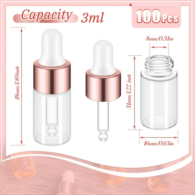 ミニガラススポイトボトル,透明エッセンシャルオイルスポイトボトル,旅行用サンプル容器,3ml, 100個