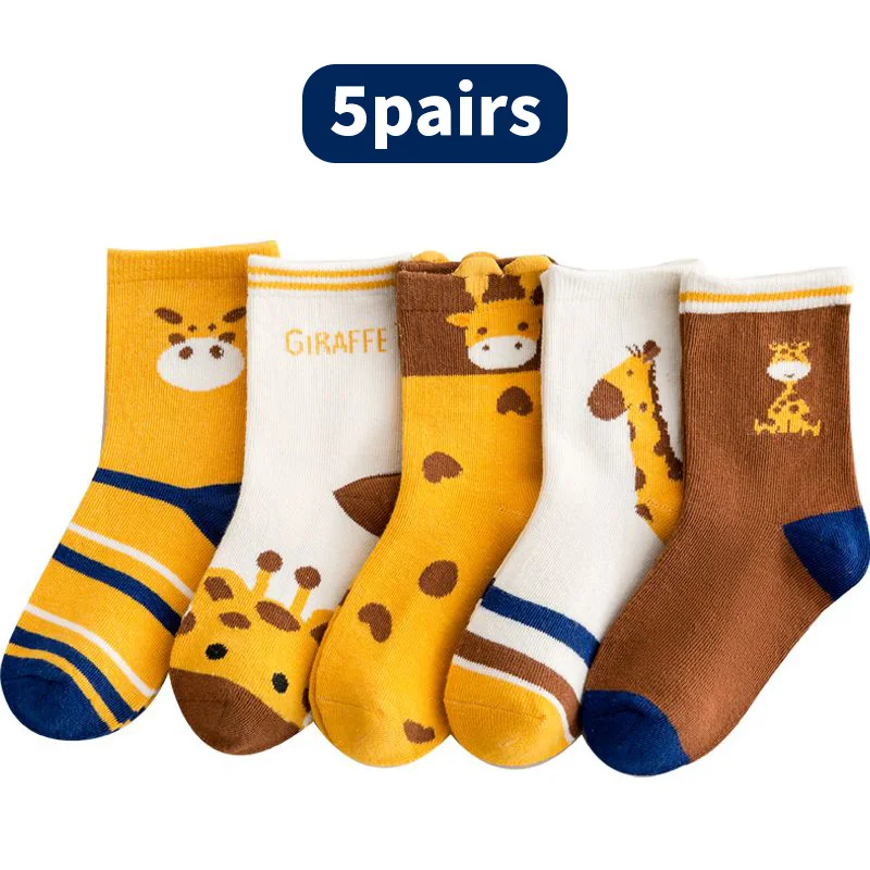 5 Pairs Children Flat Knit Crew Socks Cute Giraffe Cartoon All Season Soft Breathable Kids Socks For Toddler Boys Girls