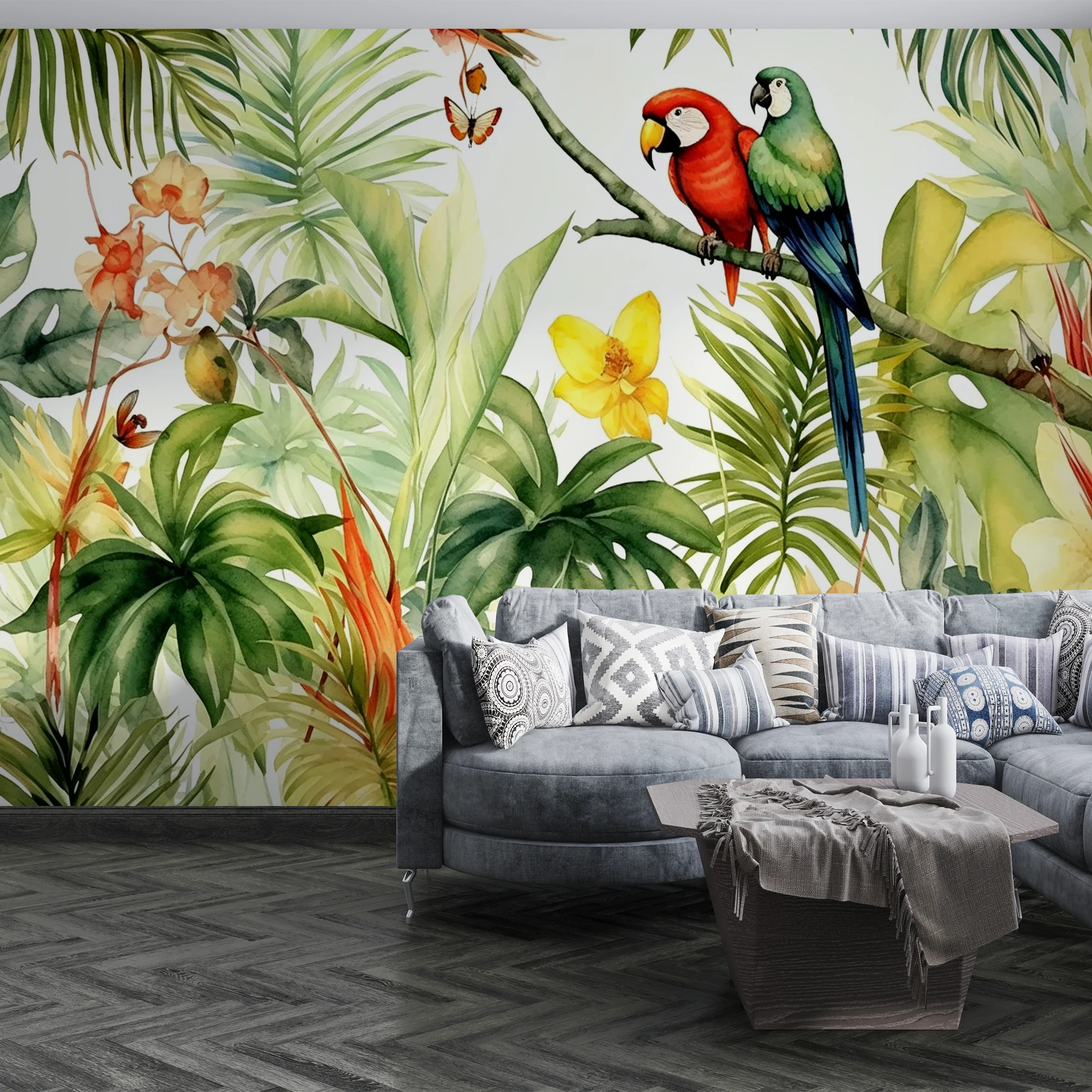 Tropical Rainforest Parrot Wall Mural, Watercolor Palm Leaf Flower Wallpaper For Living Room