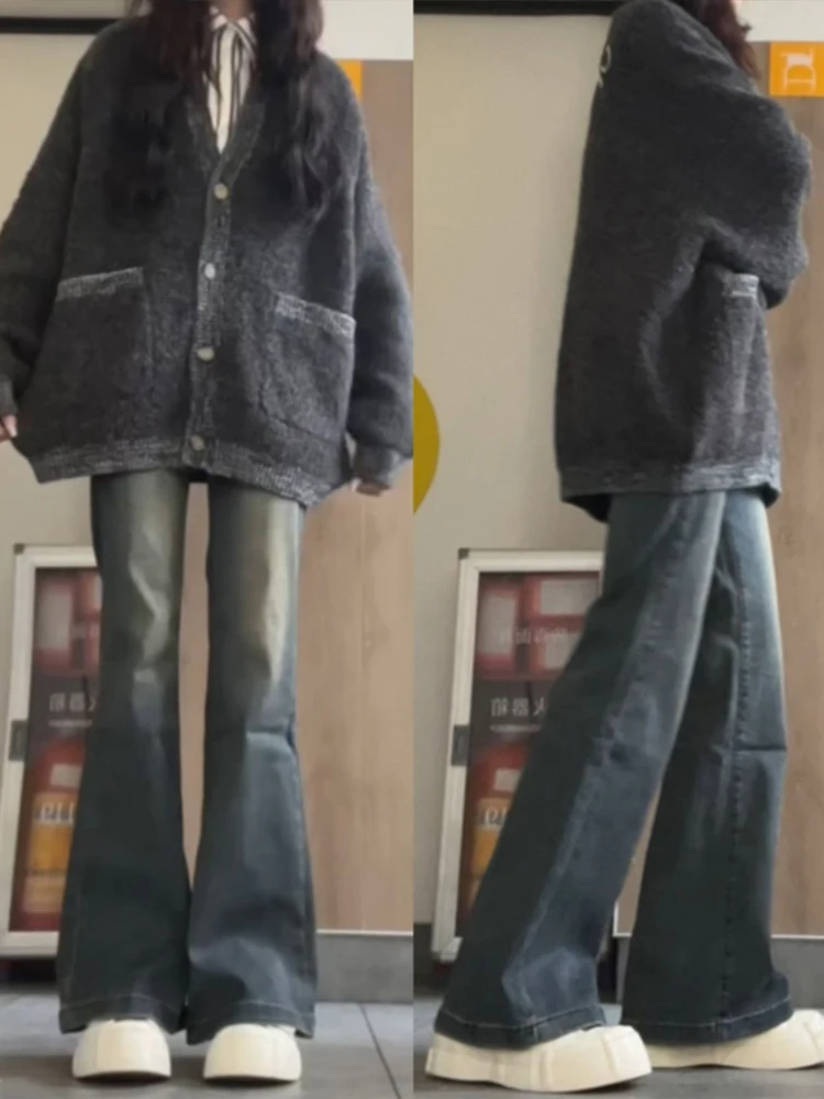 

Широкие джинсы-колокольчики с высокой талией, женские свободные удобные джинсовые брюки, осенний сезон, глубокий цвет, ретро Sle