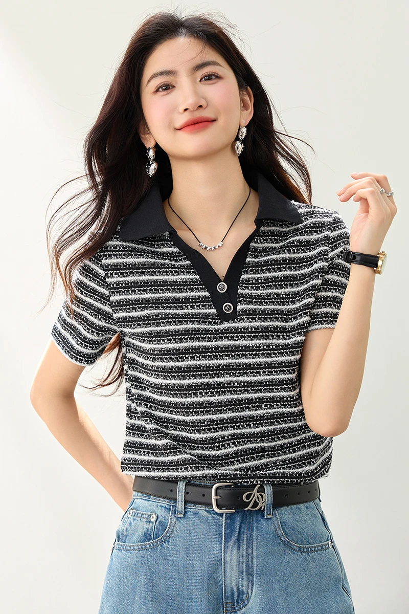 Striped Knit T Shirt Women Summer Short Sleeve Loose Round Neck Hollow Out Ice Silk Thin Top