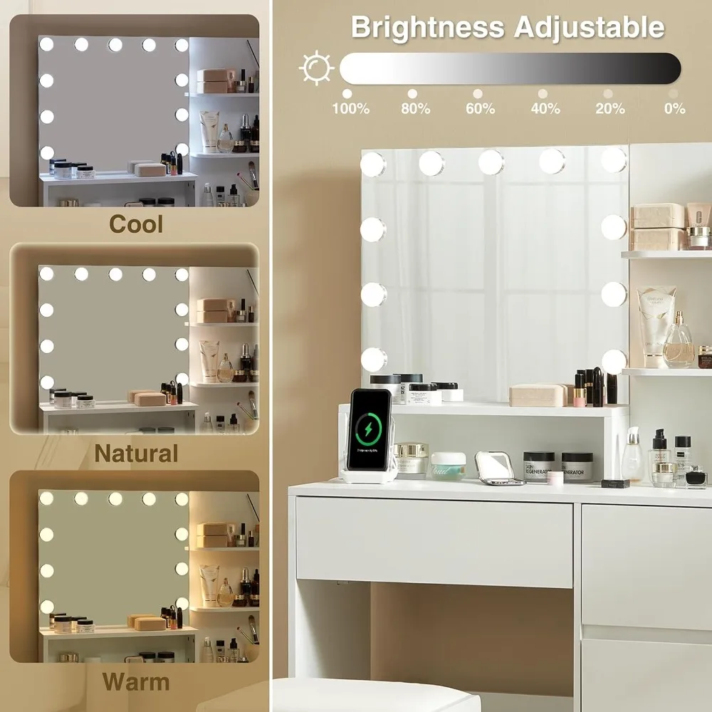 Small dressing table with mirrors in 3 lighting colors (adjustable brightness), 4 drawers, power outlet, USB port, stool