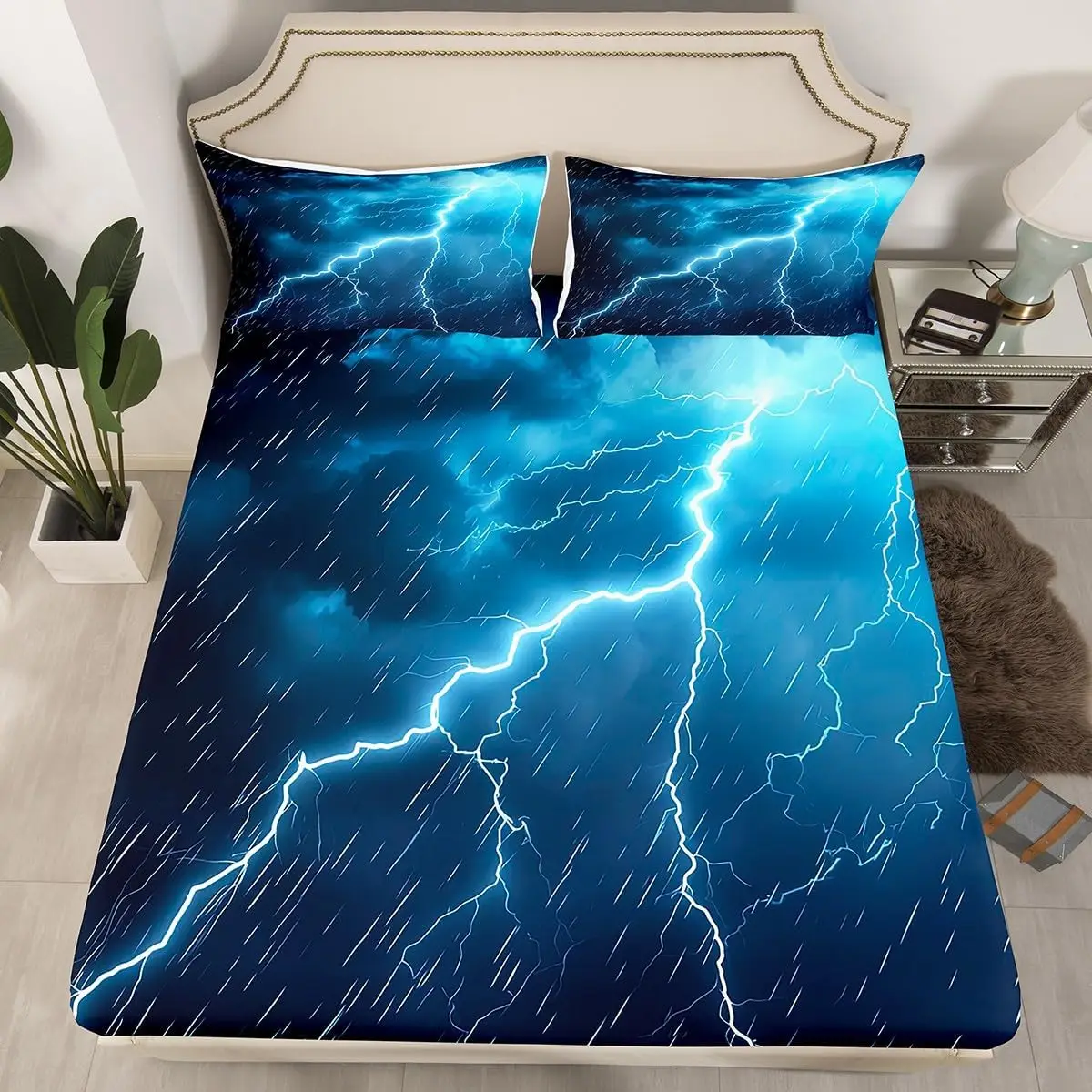 Lightning Fitted Sheet Shiny Lightning Bed Sheet with Deep Pocket Natural Disaster Sheet Set Thunderstorm Weather Bedroom Decor