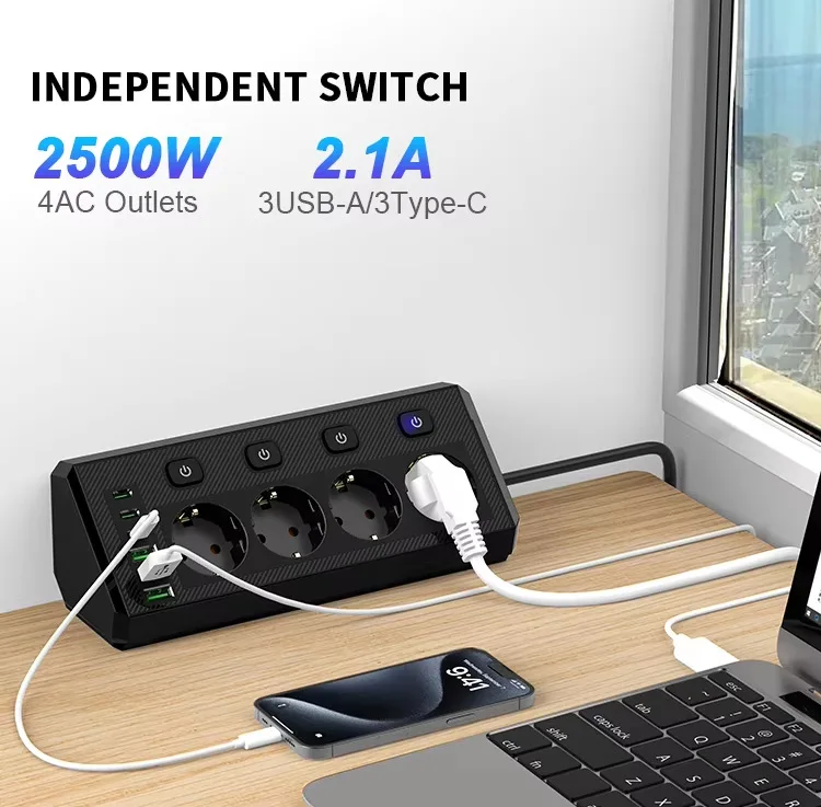 EU Desktop Corner Power Strip Multi Plug Outlet With Independent Switch Extension Cord For Home Office