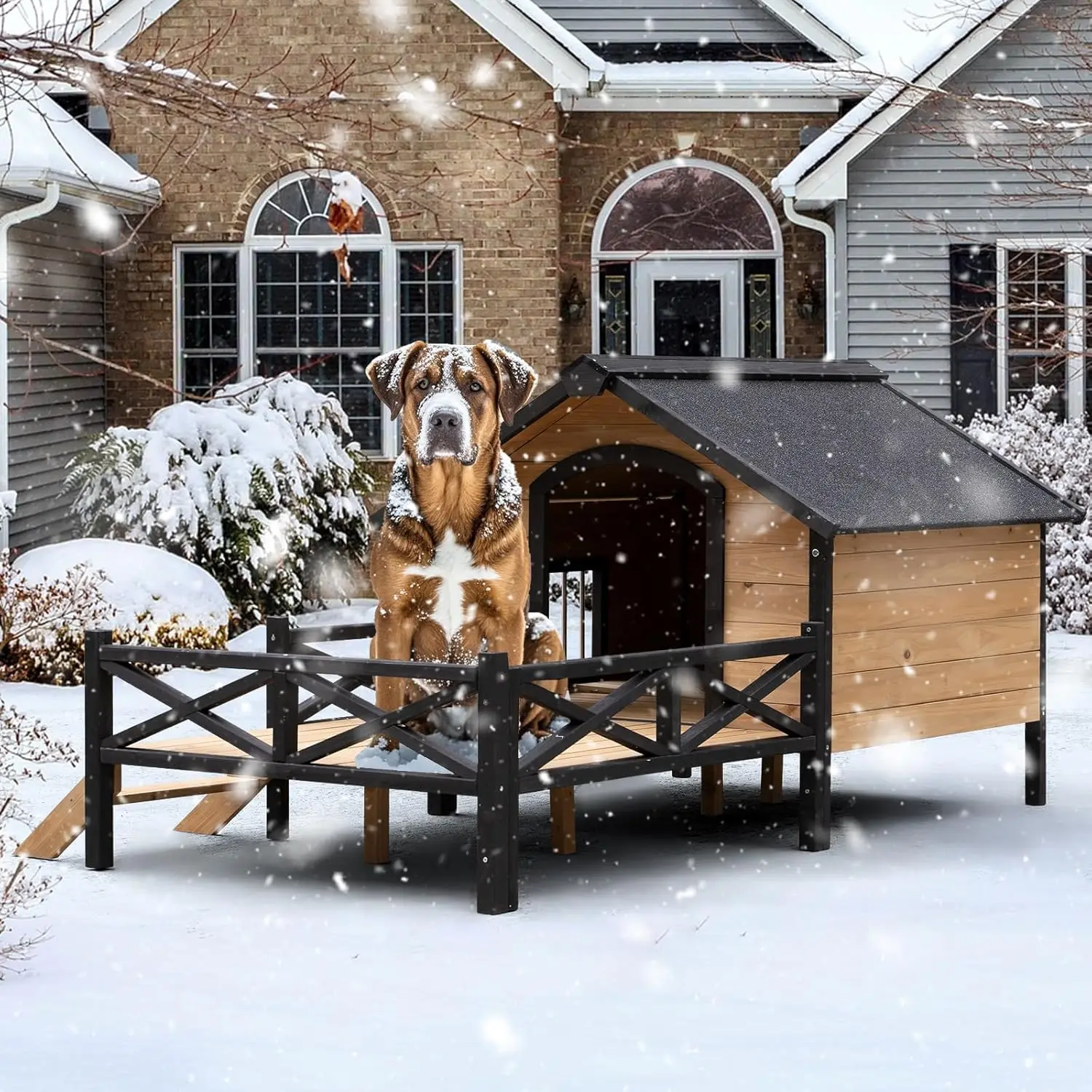 

Wooden large dog house, weather resistant outdoor pet cabin, cabin style elevated pet shelter with porch deck