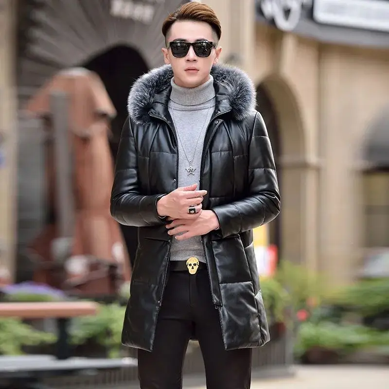 

Puffer Jacket Men High Quality Winter Leather Down Jacket Man Silver Fox Fur Collar Korean Medium Long Slim Fit Sheepskin Coat