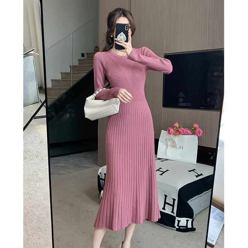 Women's Mid-Length Knitted Dress Slim Fit A-Line Skirt Base Layer Sweater Dress Autumn Winter Fashion Elegant Sexy Style