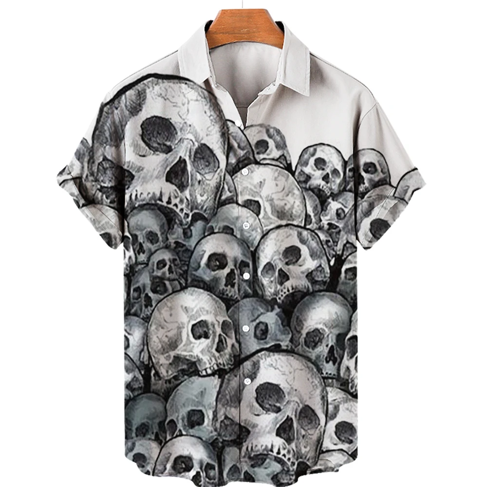 Camisas con estampado de calavera 3d para hombre, camisa hawaiana de una sola fila con cuello cubano, Tops de verano, 5xl, 2022