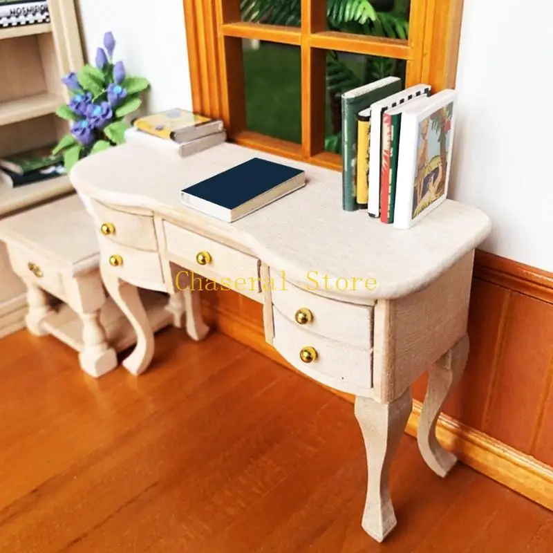E7CE 2PCS 1/12 Scale Miniature Wooden Desk Chair Set Unpainted Dollhouses Furniture Model For DIY Room Decoration