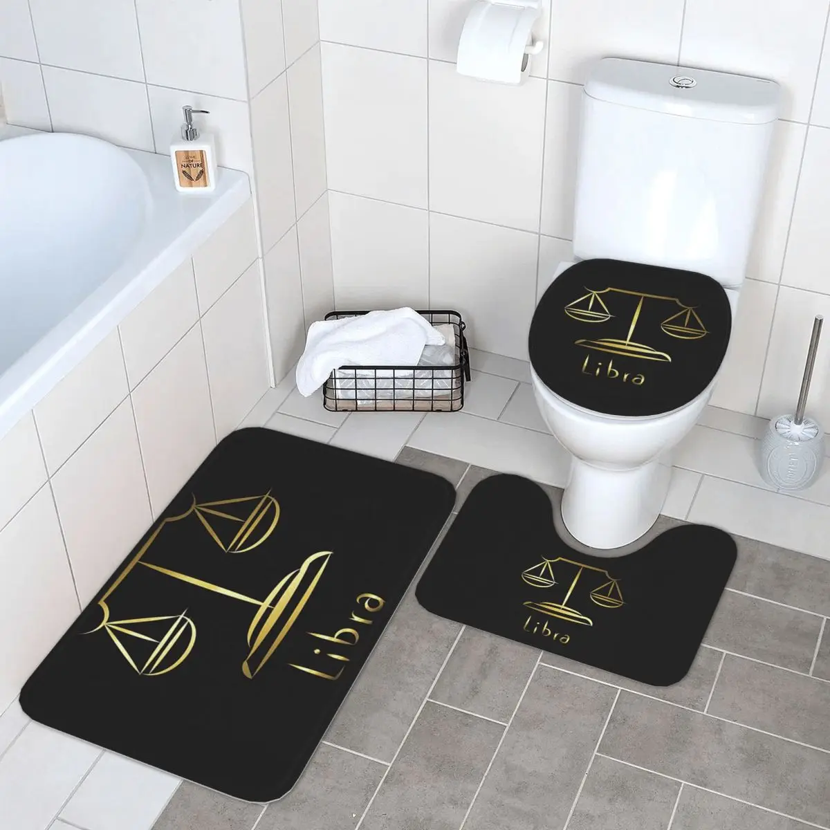 Écailles d'or de la Justice Law Logo avocat fête juridique 3 pièces tapis de bain ensemble de salle de bain couvercle de toilette couverture maison tapis antidérapant tapis de sol