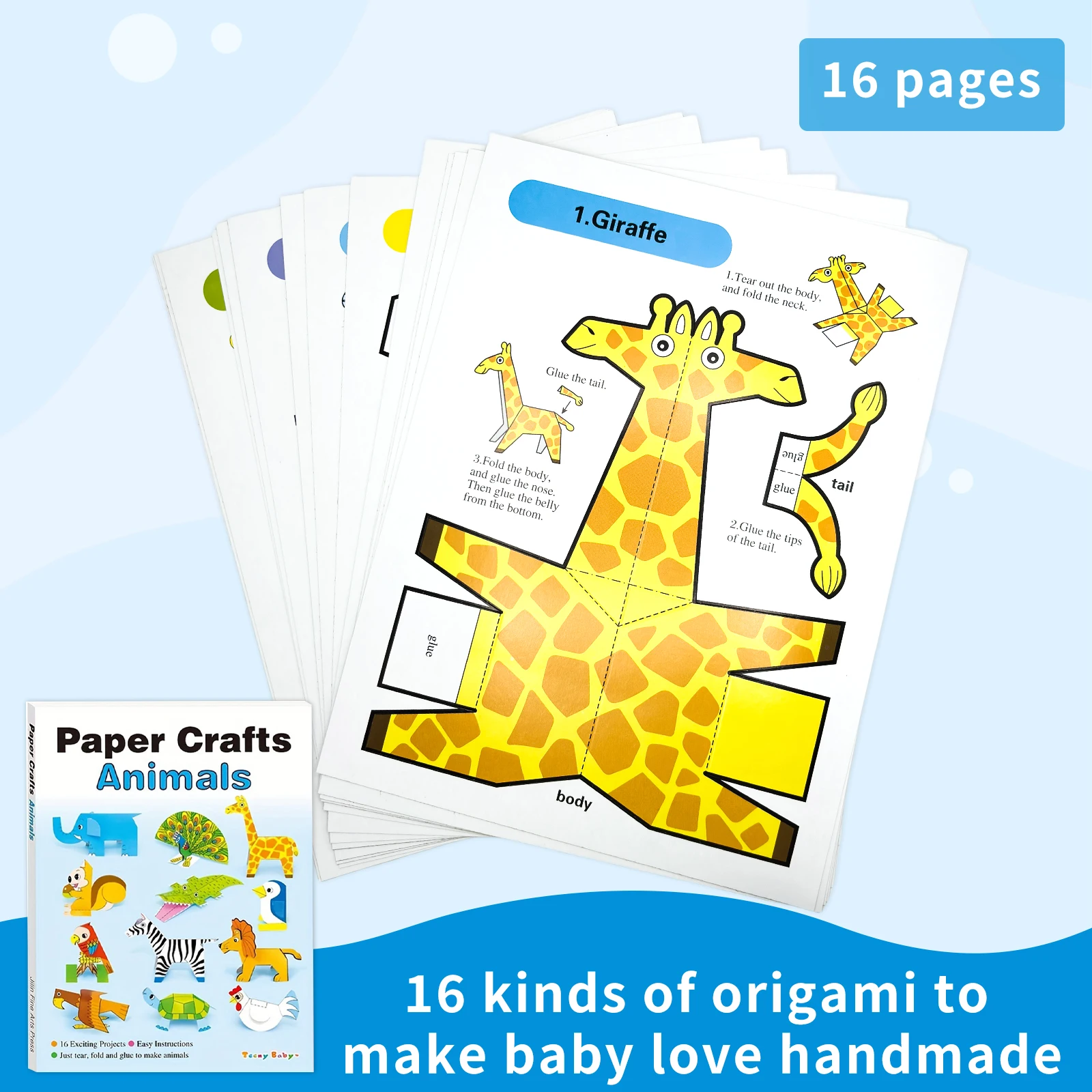 1 Box of 16 Sheet Origami Crafts, Ages 5-8, Cute Animal, Tutorial English Included, Enhance Hands-On & Intelligence, Kids' Gift
