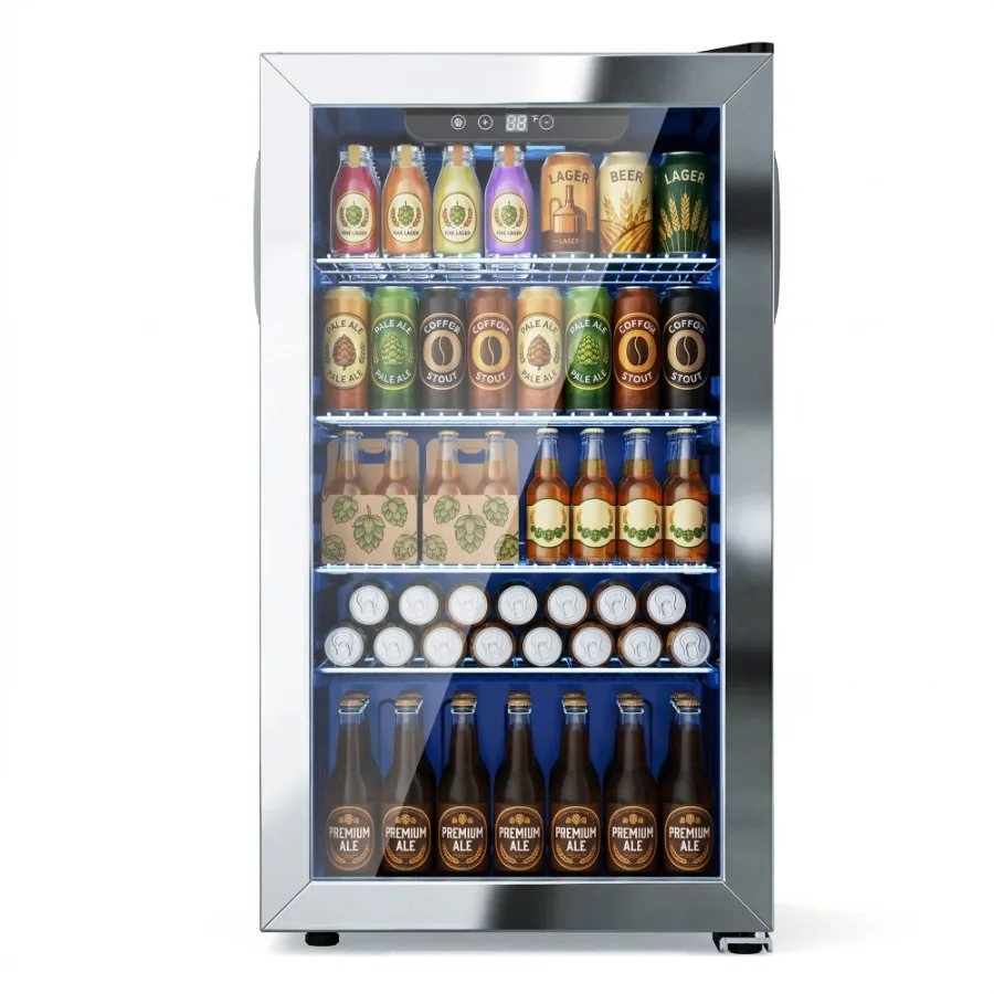 130 Can Beverage Refrigerator and Cooler with Glass Door for Home, 17.3 in W, 31.5 in H, Silver