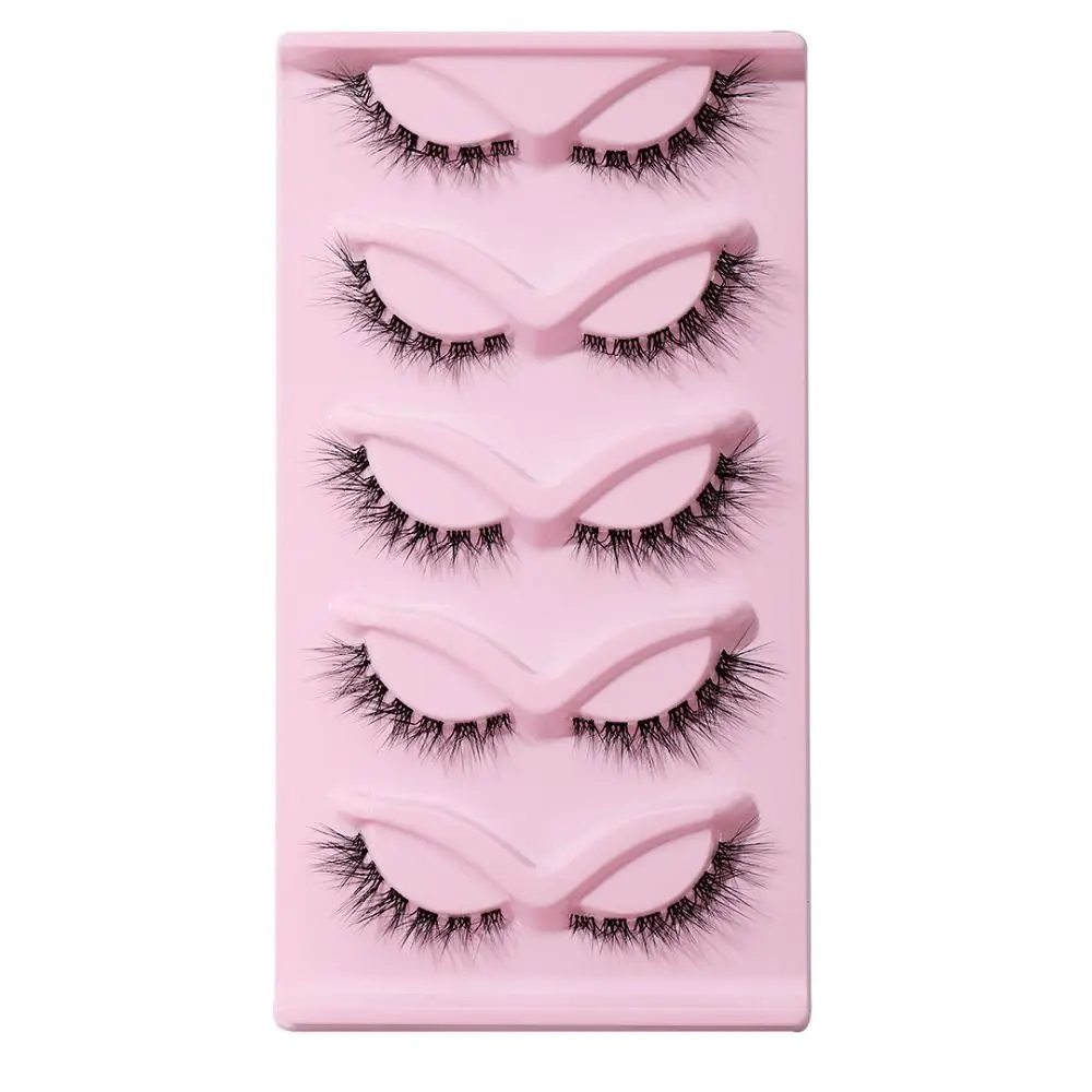 

5 Pair 3D L Curl False Eyelashes Full Strip Eye Tail Lengthening Cat Eye Fake Lashes Clear Stem Oblique Faux Mink Lashes Cosplay