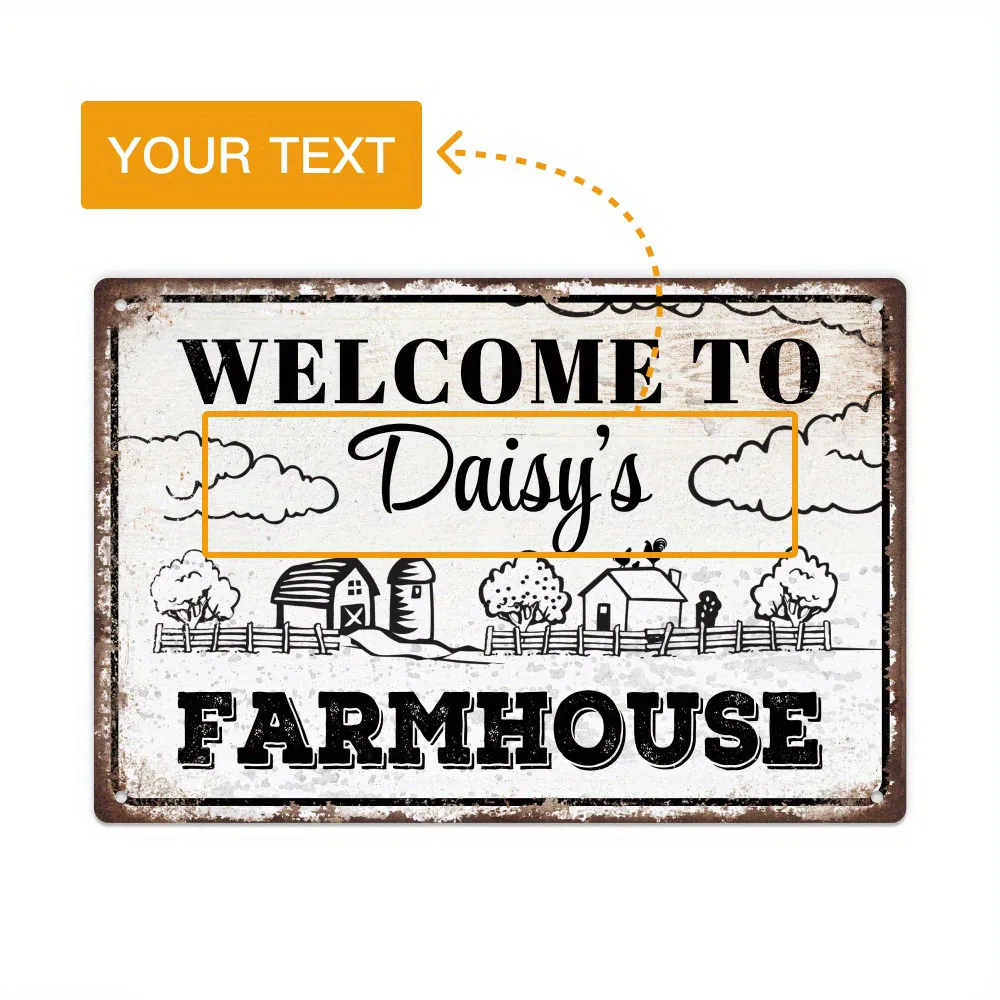 Custom Vintage Farmhouse Sign - Personalized Welcome Daisy's Farmhouse Metal Sign,Rustic Decor with Barn & Tree Illustrations