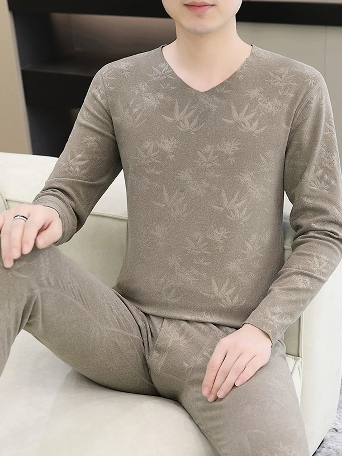 

Теплый комплект термобелья для мужчин: двусторонний флис с V-образным вырезом, осенняя одежда, комплект из двух предметов, стандартный крой, длинный рукав