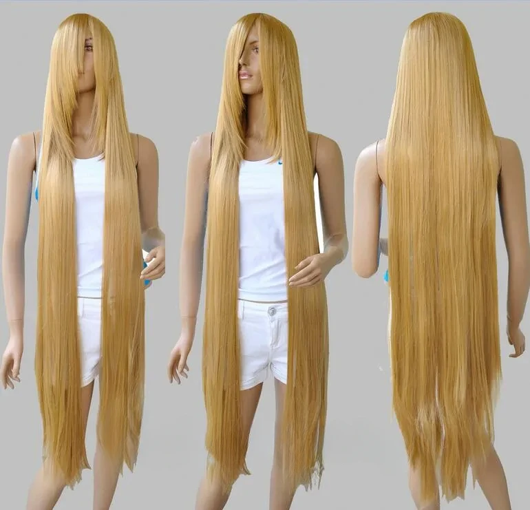 Spedizione gratuita 130cm 51 ''parrucca per capelli Cosplay lisci biondi dorati lunghi Rapunzel aggrovigliati