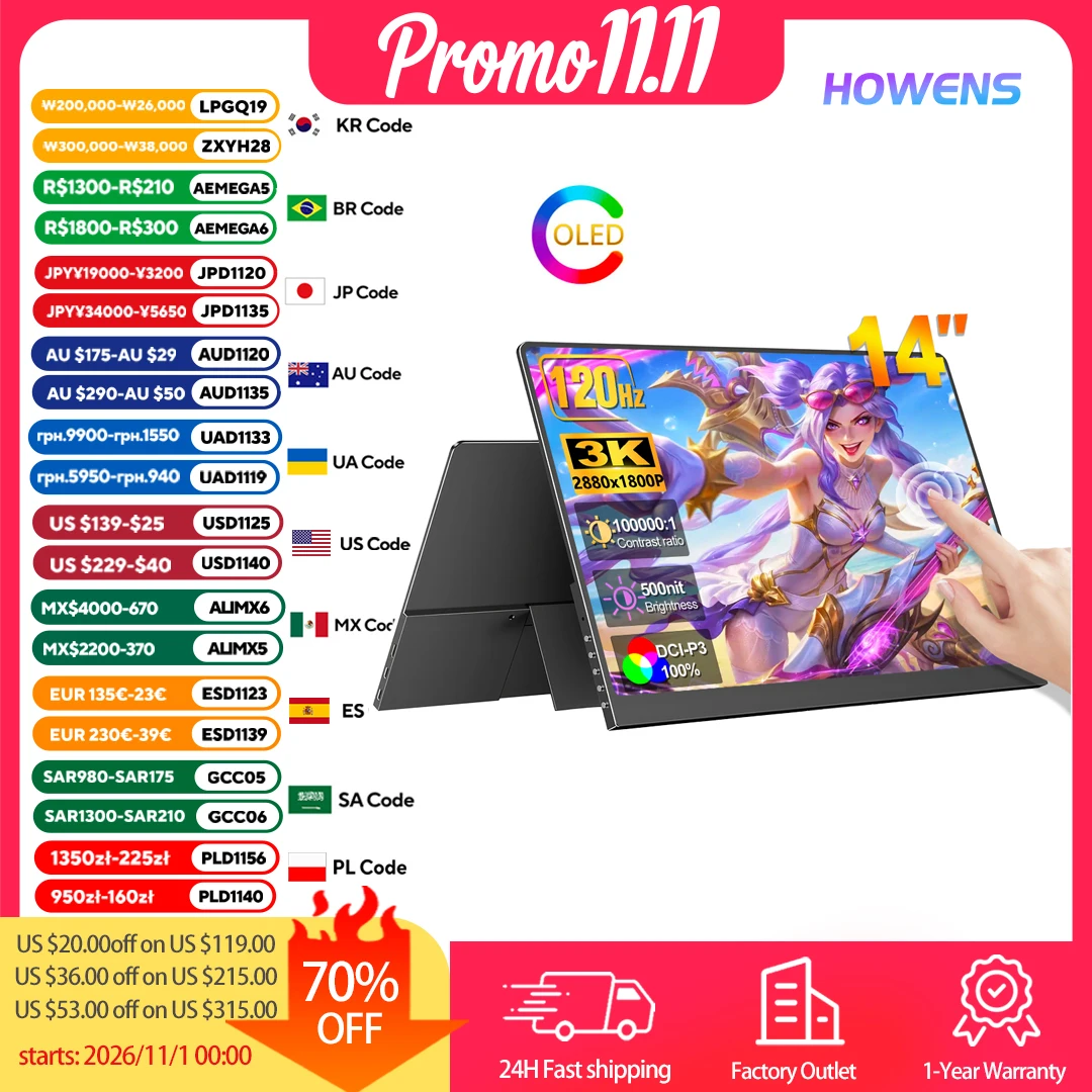 14inch 3K OLED Screen 120Hz Gaming Monitor VS 2K 500nit 2880x1800 External Portable HDMI Type-C For PC Mac Laptop Phone PS5 Xbox