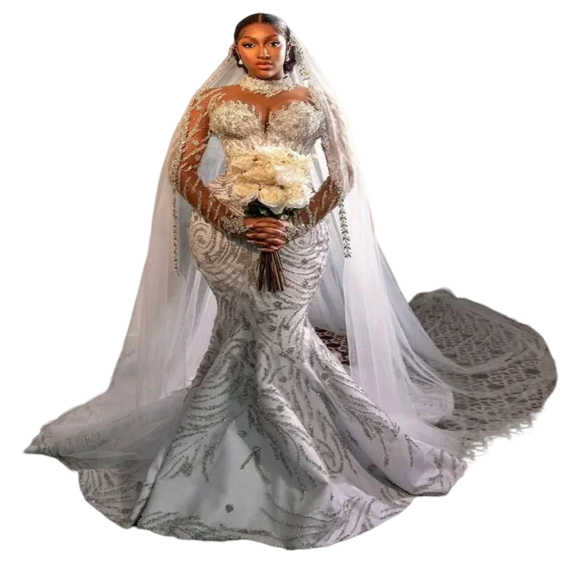 

Customized Illusion High Neck Crystals Mermaid Wedding Dress Chapel Train Full Sleeves Plus Size Bridal Gowns