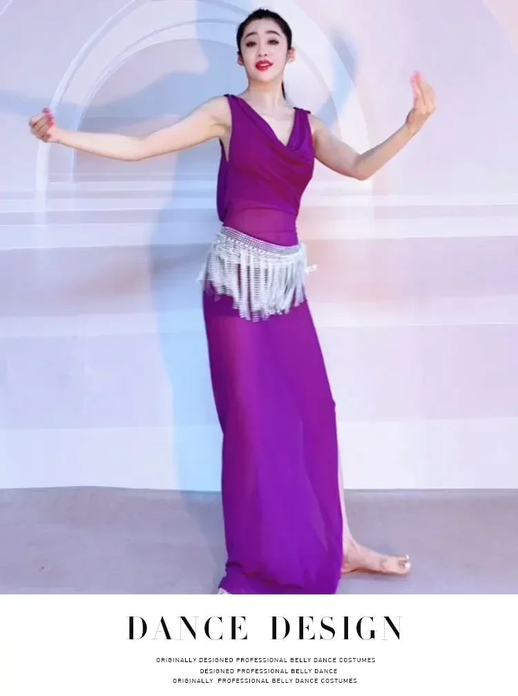 Belly Dance Training Dress Sexy Purple Mesh Sleeveless Skirt Slightly Breathable Goddess Yoga Oriental Ethnic Dance Dress