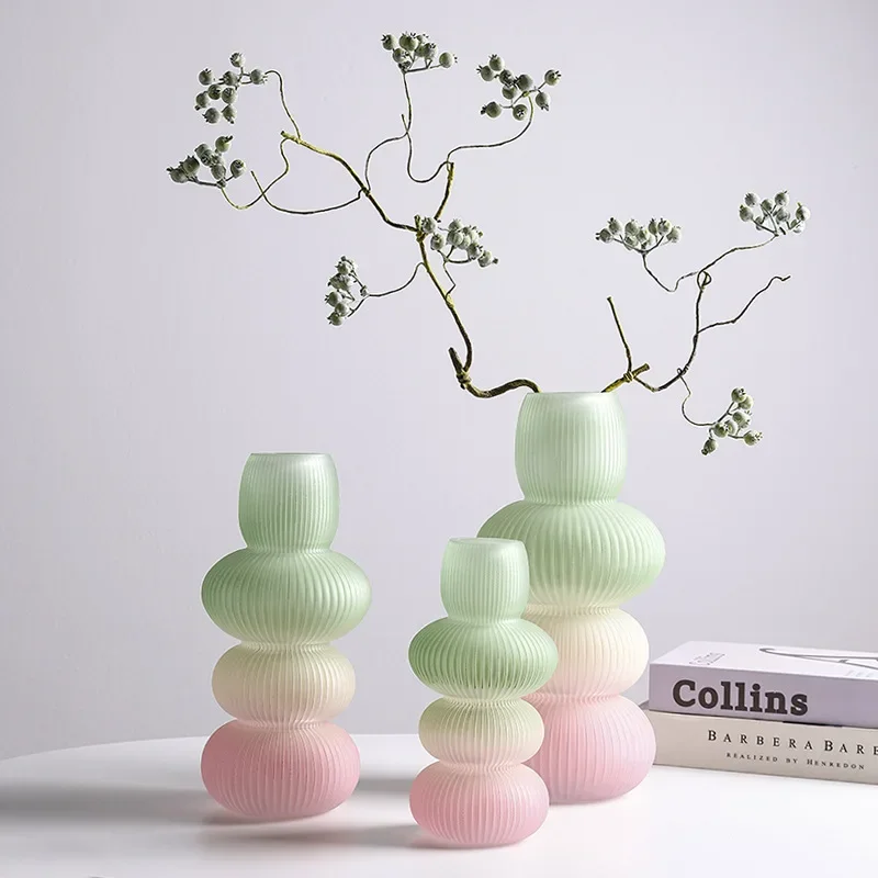 Glass Vase Pebble Geometric Striped Gradient Colored Flowerpot Flower Vase Terrarium Home Decoration Accessories