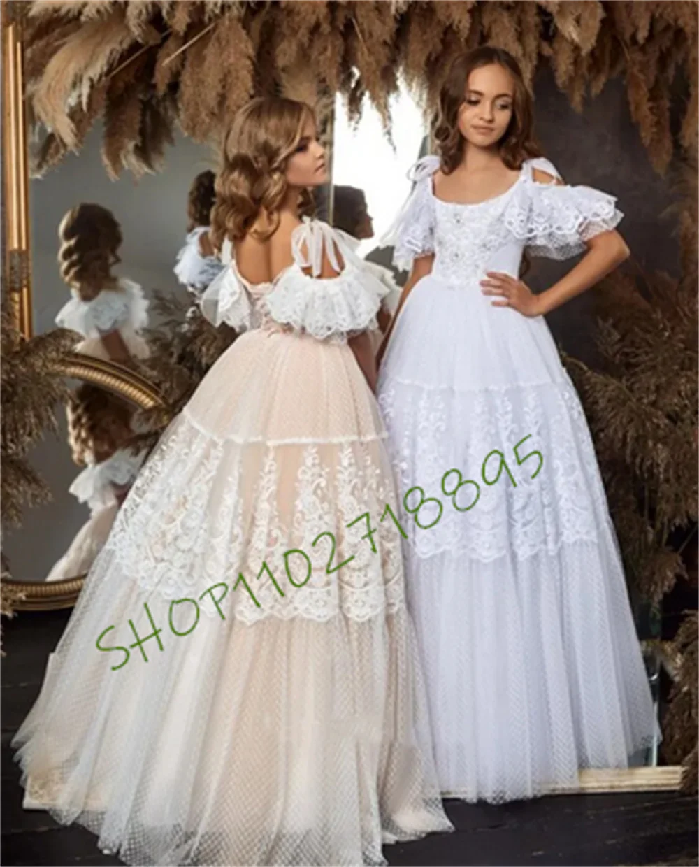 Delicate White Lace Tulle Dress Princess Flower Girl Dress for Wedding Corset Back Long First Communion Dress Pageant Gown