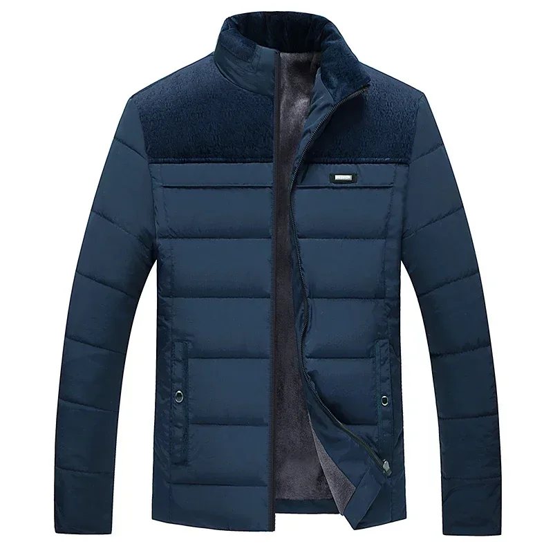 Jaqueta de pelúcia casual masculina com gola em pé, casaco acolchoado quente, parka windproof, lã, roupa de negócios, marca fashion, inverno