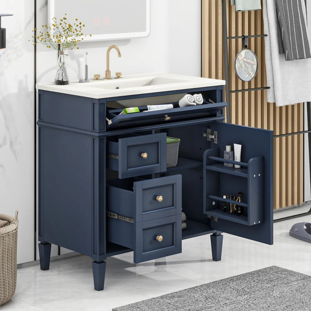 

30'' Bathroom Vanity with Top Sink, Modern Storage Cabinet: 2 Drawers & Tip-out Drawer, Single Sink