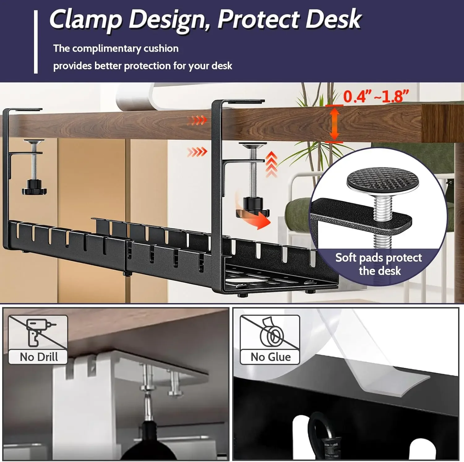 Under Desk Cable Management Tray 15.7"-31" Retractable Metal Wire Organizer Under Table Cord Management with Clamp No Drilling