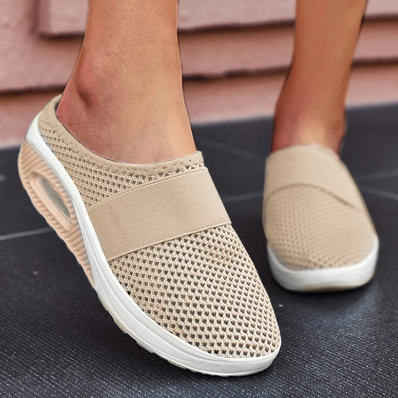 Women\'s Mesh Flat Shoes Summer New Air Cushion Causal Ladies Half Slippers Slip on Breathable Wedge Shoes for Women Sandals