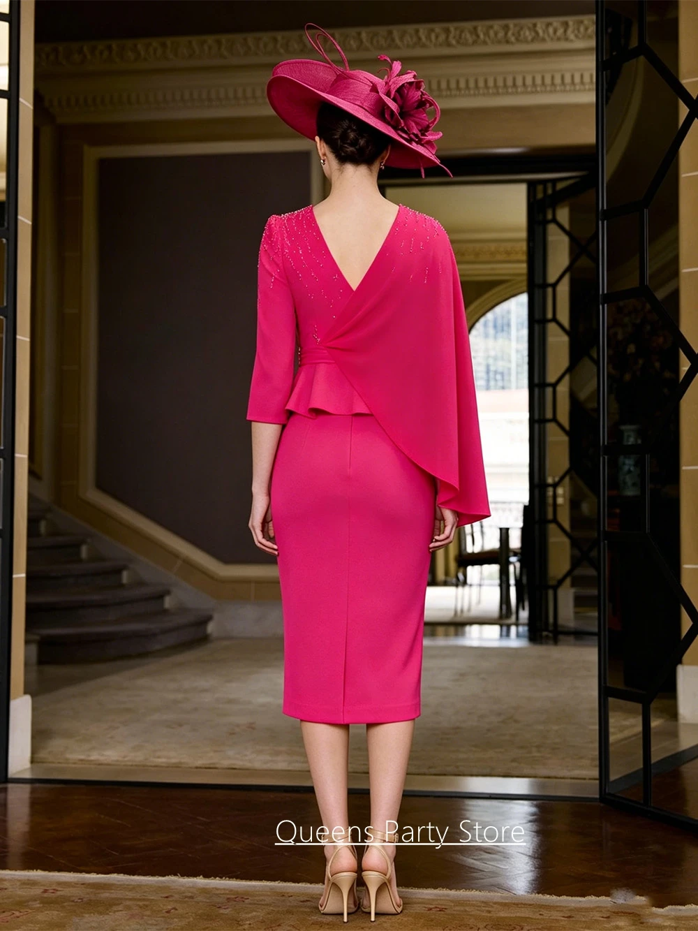 Short Mother of The Bride Dress Customized V Neck 3/4 Sleeves Beading Ruched Fuchsia Wedding Guest Gown Party Dresses