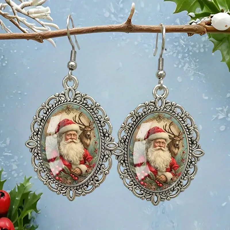 Vintage Christmas Silver Plated Oval Drop Dangle Earrings with Santa Snowman Cardinal Prints Festive Holiday Jewelry Gift