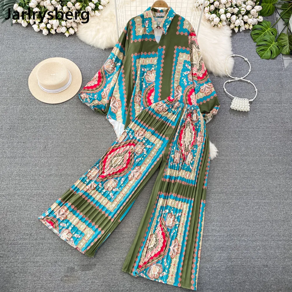 

Fashion Women's Set 2023 New European American Retro Temperament Loose Irregular Print Shirt Two-piece High Waist Wide Leg Pants