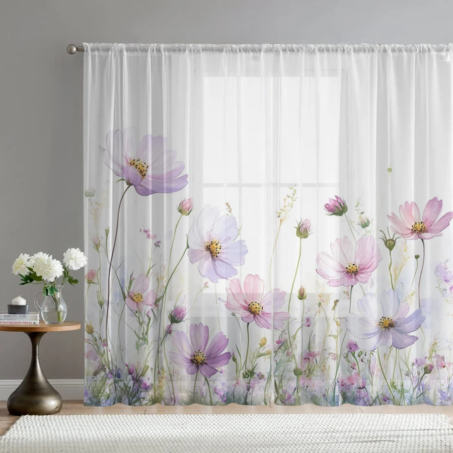 2PCS Digital Print Sheer Curtains, Lovely Pink Purple Wildflowers, Meadow Nature Floral Style for Bedroom Living Room Home Decor