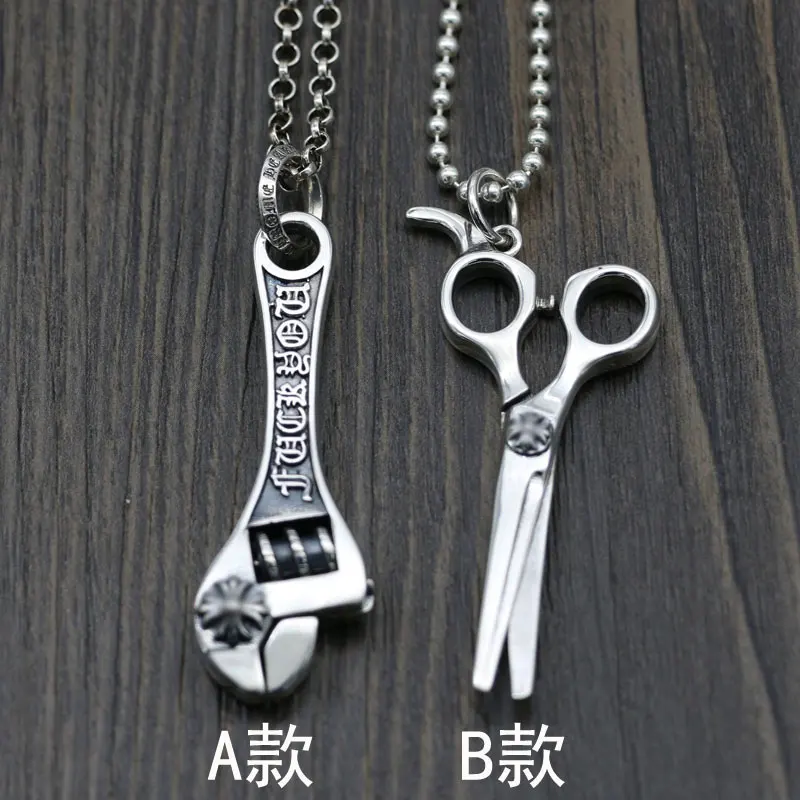 Creative Motorcycle Style Retro Thai Silver Wrench Pendant for Men and Women Pure Silver S925 Scissors Pendant Versatile Sweater