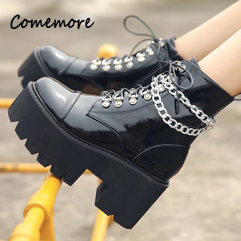 

Comemore Lace-up Winter Ankle Boots Gothic Patent Leather Zipper Sexy Chain Motorcycle Women's Boot Women Punk Platform Shoes 42