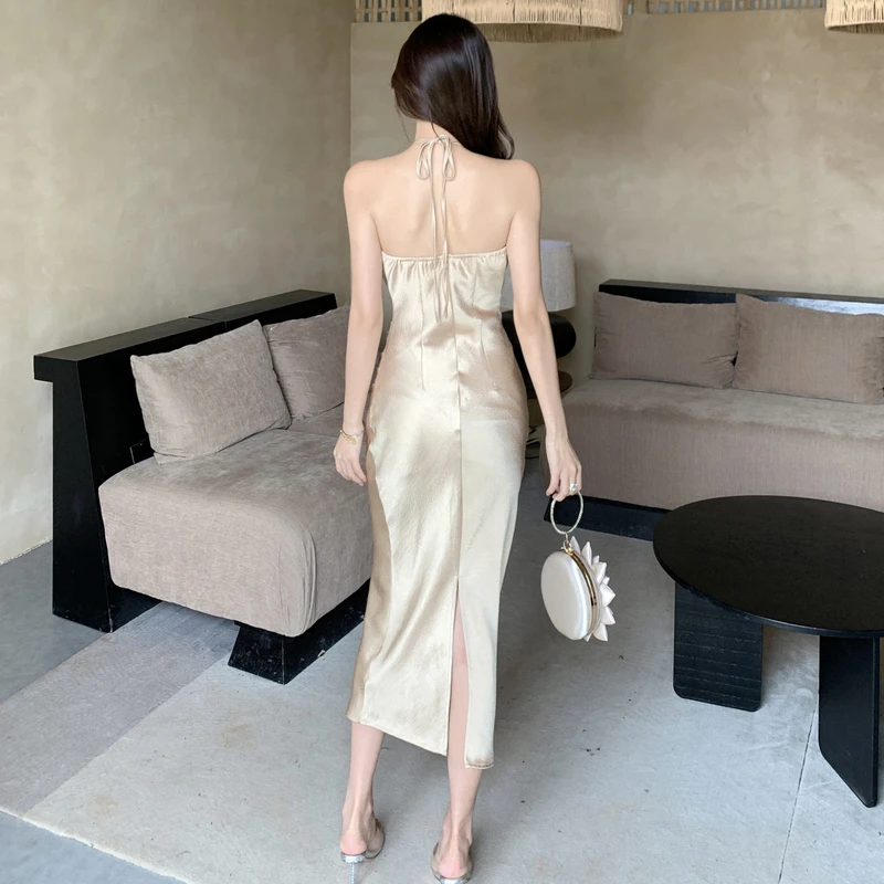 Elegant Sexy Backless Satin Midi Dresses for Women Summer New Patchwork Pleated Sleeveless Evening Wedding Party Female Clothing