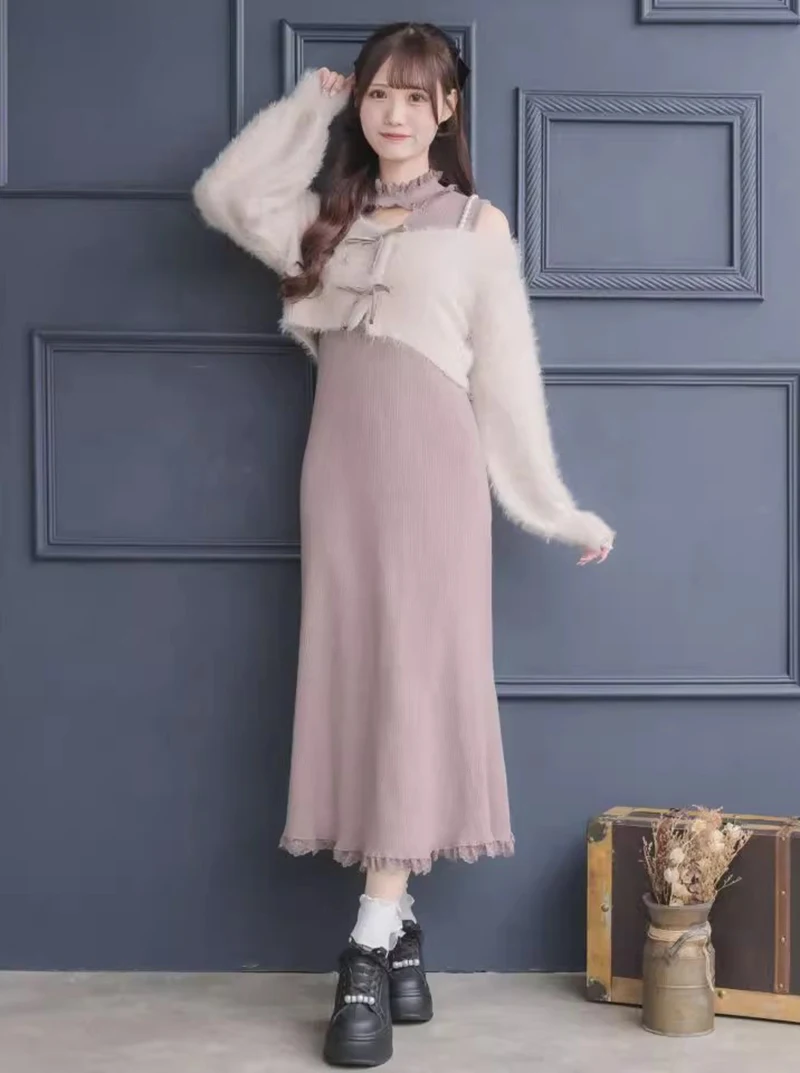 

Autumn Winter New Arrival Japanese Sle Knitted Dr oulder Bared Svel Ruffle Collar Two Piece Set for Women