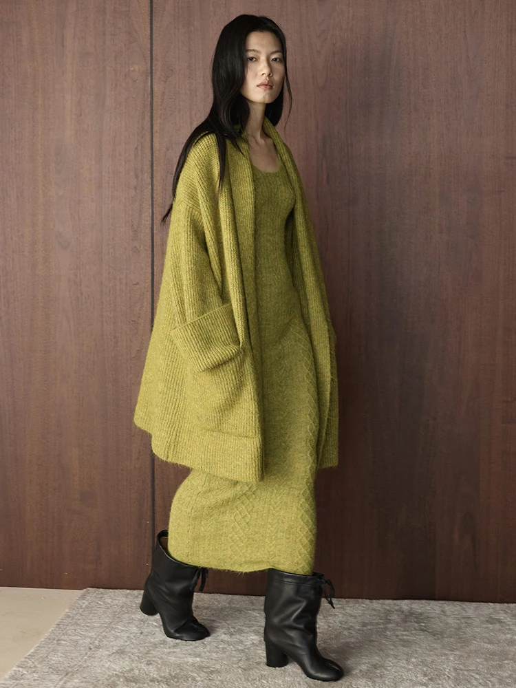 FANAN أنيقة الحياكة 2 قطعة مجموعة للنساء سترة معاطف فضفاضة + سليم فساتين بلا أكمام مكتب سيدة Sutis شتاء دافئ جديد #3