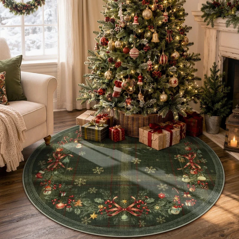 Round Rug Living Room Carpet Machine Washable Non-slip Floor Mat Christmas Plaid and Pine Garland Green Rugs Home Decor Carpets