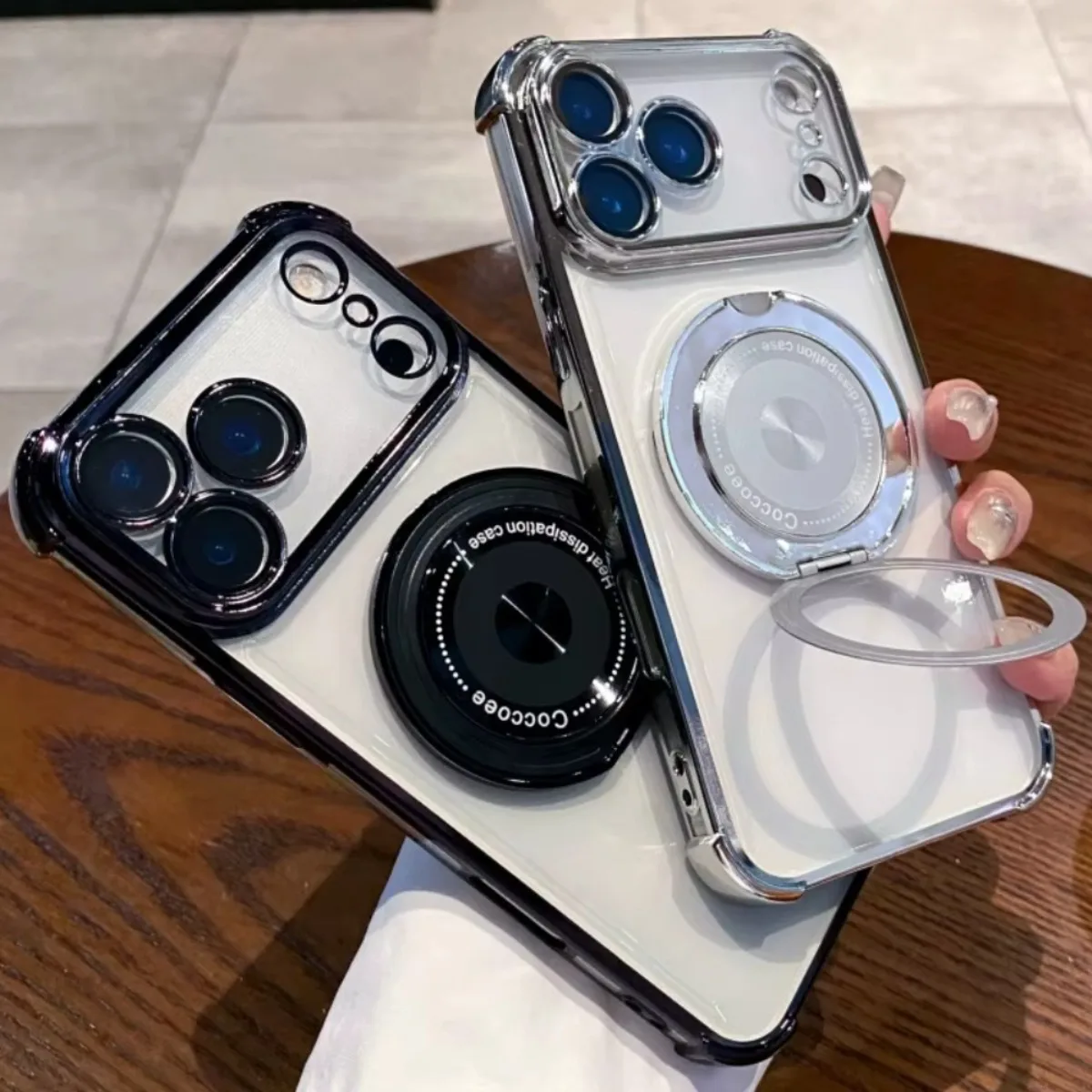 حافظة هاتف مغناطيسية شفافة مع 360 درجة °   حامل دوار وطبقة حماية للعدسة لهاتف iPhone 17 Air 16E 15 14 13 12 11 Plus Pro Max