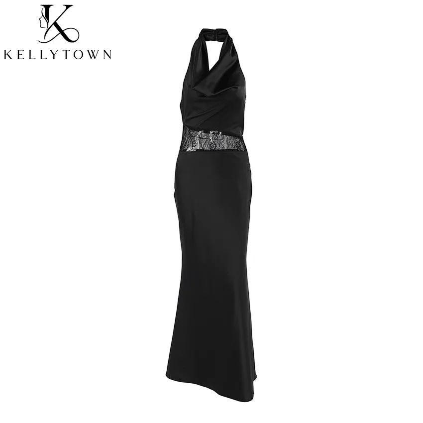 

Lace Black Maxi Bodycon Dress Backless Satin Dress High Waist Sleeveless Cowl Neck Solid Halter Dress Summer Sexy Party Outfits