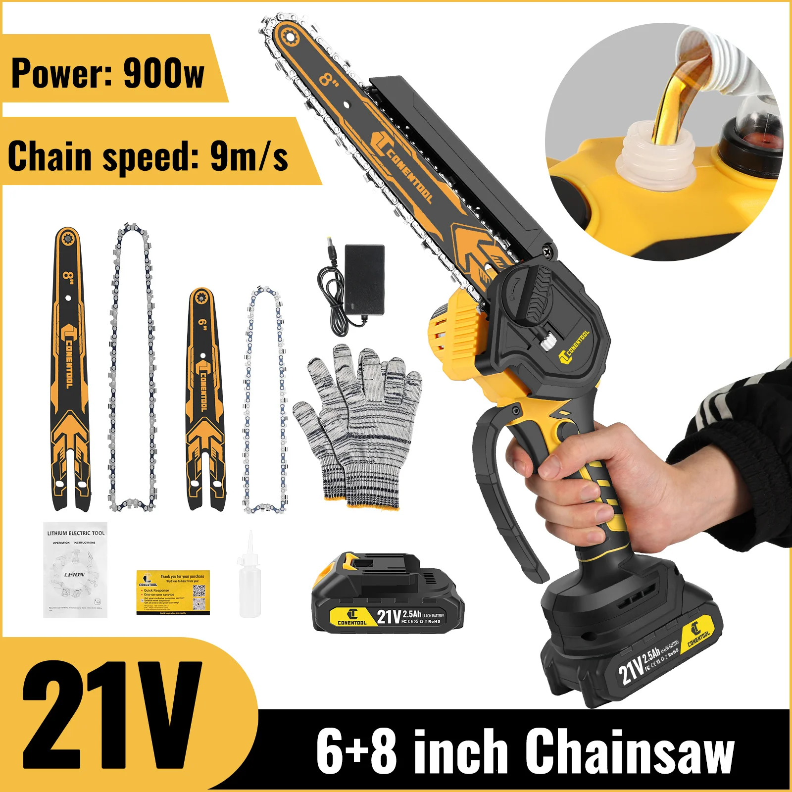 CONENTOOL Mini Chainsaw 8+6 Inch, 21V Cordless Electric Chain Saw Rechargeable Battery, Handheld Wood Cutting Pruning Power Tool